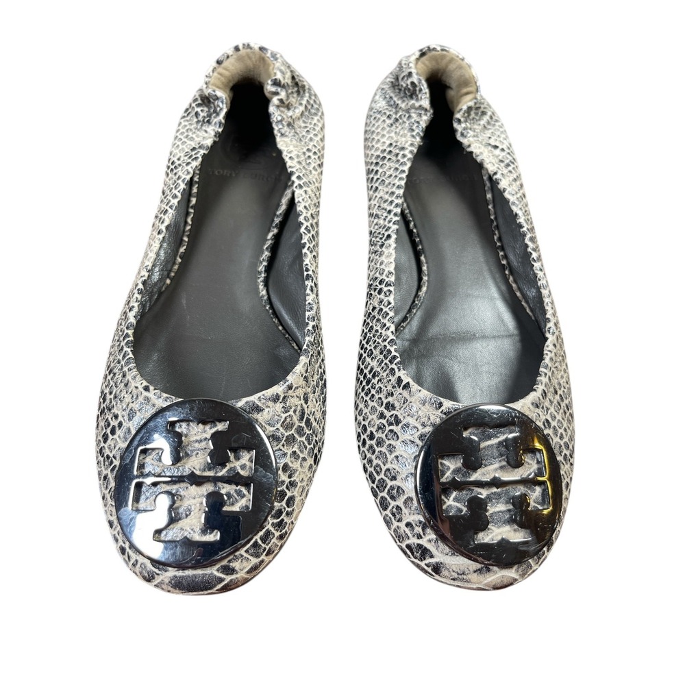 Tory Burch Reva Ballet Flats Womens Gray Snakeskin Print Leather Round Toe Shoes